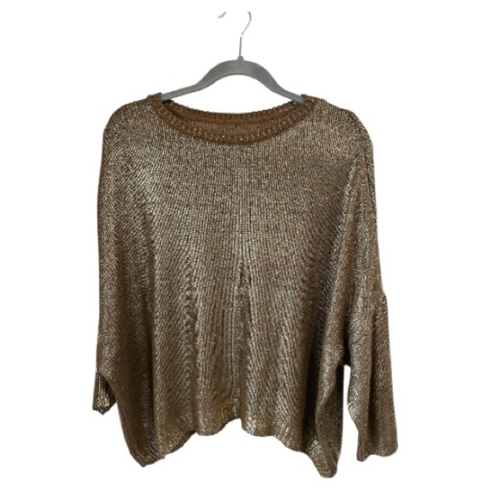 Gold Metallic Coated Knit 3/4 Sleeve Sweater